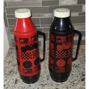Vintage Thermo Serv Set Racing Monaco Indy Lemans 1 Quart Each 13.5" Red Black